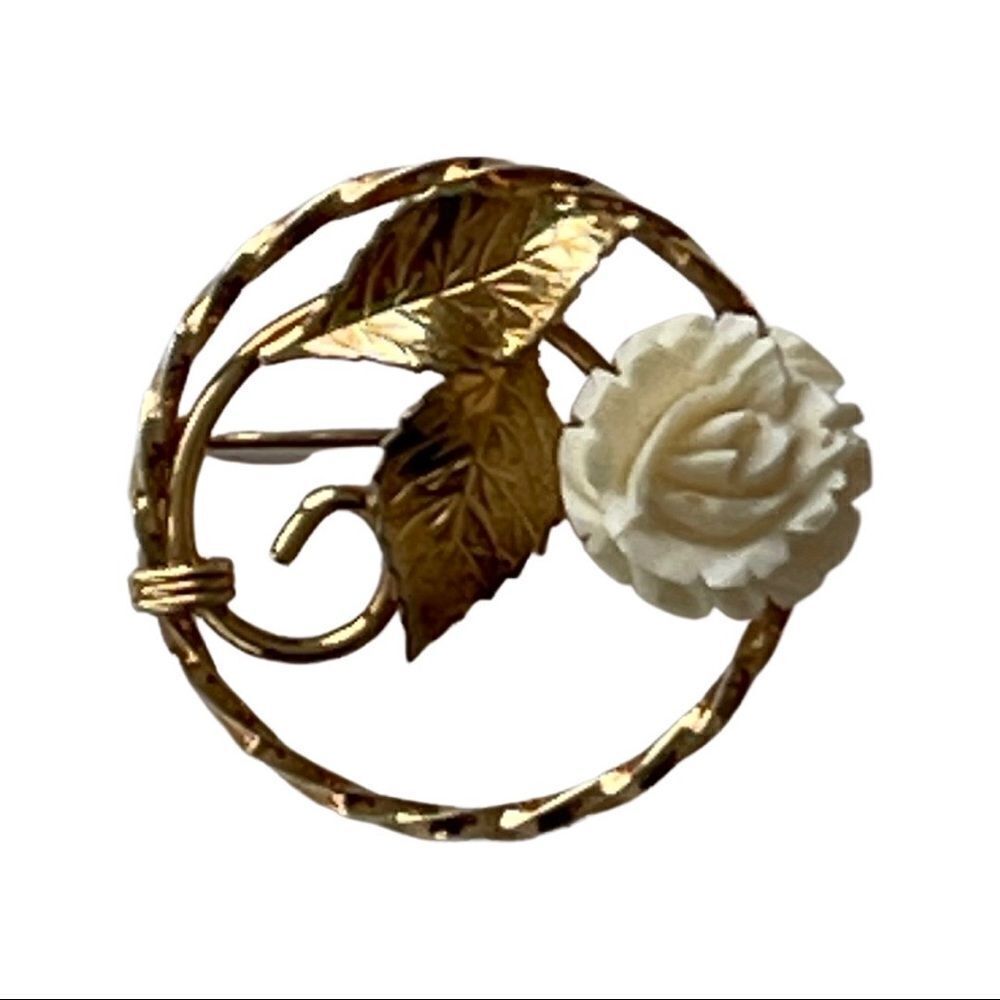 Vintage Ivory and Gold Filled Carved Resin Rose Brooch
